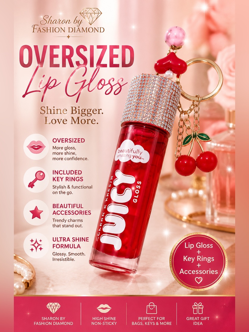 Sharon by Fashion Diamond Oversized Red Juicy Lip Gloss Keychain